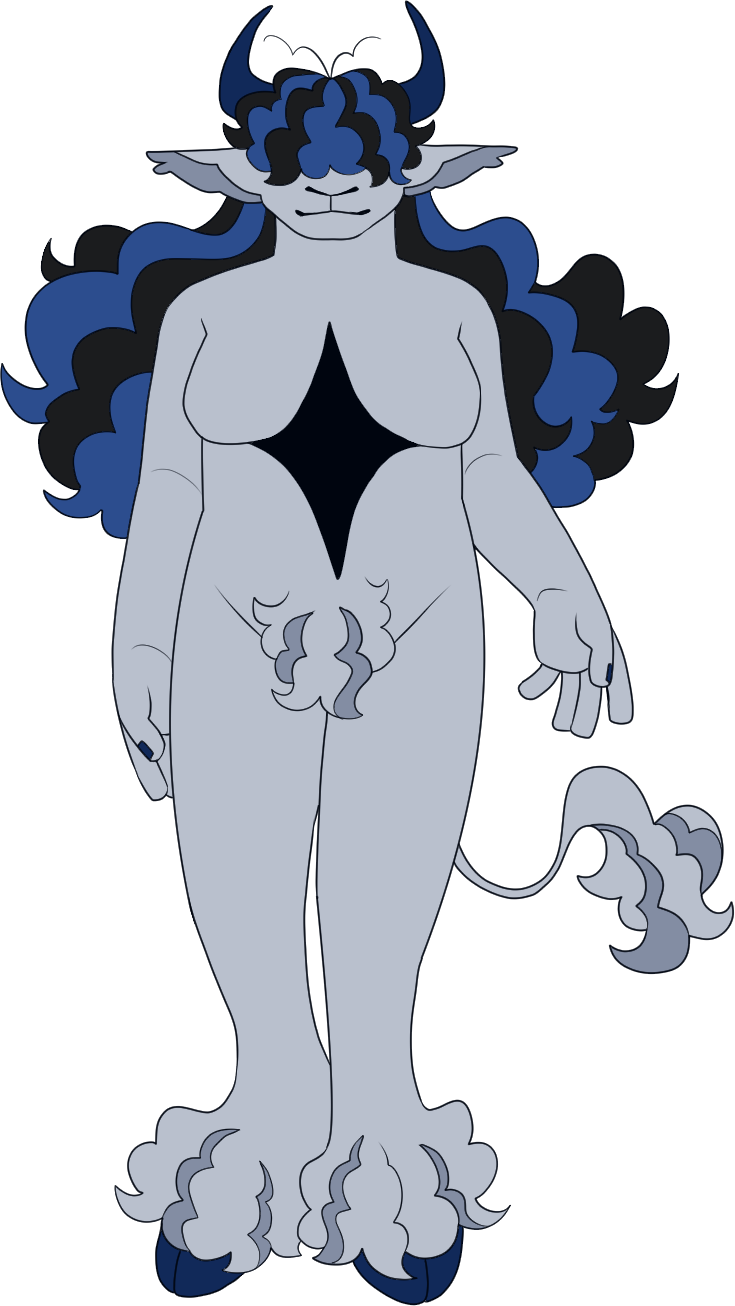 A reference of Asterius, the mascot of the website. They are a Minotaur/anthropomorphic bull, have short white fur covering their entire body, black and blue hair, covered eyes, short dark blue horns, and a gaping, four-pointed star hole in their chest.